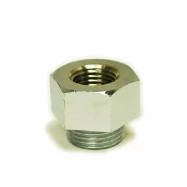 The Fiorenzato A1300108 Coupling 1/4F x 3/8M is a shiny, hexagonal metal nut with both internal and external threading, shown upright on a plain white background. © 2025 1st-line.com