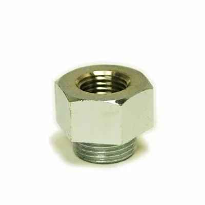 The Fiorenzato A1300108 Coupling 1/4F x 3/8M is a shiny, hexagonal metal nut with both internal and external threading, shown upright on a plain white background. © 2025 1st-line.com