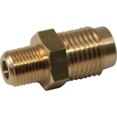 The Fiorenzato A1300112 Brass Fitting Reducer - 1/8 m - 1/4 m is a hex nipple pipe fitting with male threads on both ends, ideal for connecting two female-threaded pipes or fittings. © 2025 1st-line.com