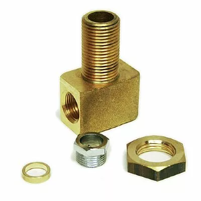The Fiorenzato A1400018 Water Level Assembly is shown on a white background, featuring a brass pipe fitting with external and internal threads, a metal washer, silver adapter, and hexagonal nut. © 2025 1st-line.com
