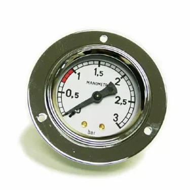 The Fiorenzato A1400042 Boiler Pressure Gauge for Volante 3 Bar is a round analog gauge with a white face, black markings, needle at 1 bar, red warning zone from 2.5–3 bar, metal border, and mounting holes. © 2025 1st-line.com