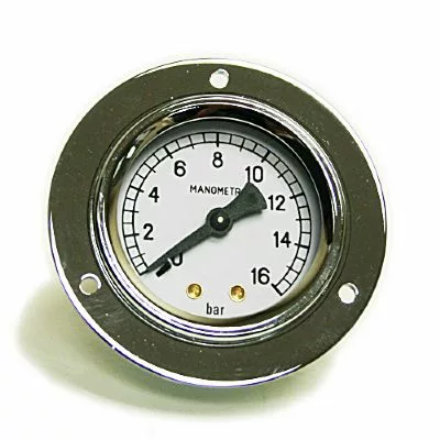 The Fiorenzato A1400043 Brew Pressure Gauge for Fiorenzato Volante 3 Bar is a round analog gauge with a white face, black numbers and needle, metallic rim with four screw holes, measuring up to 16 bar; the needle points near 6 bar. © 2025 1st-line.com