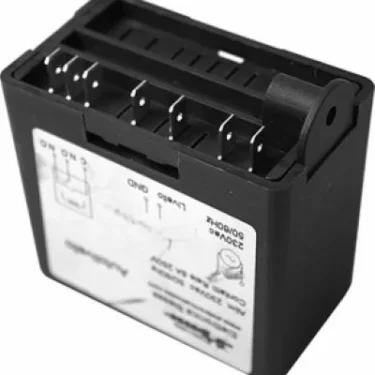 The Fiorenzato A1500082 220V Electronic Box for Ducale 2 Group Lever Electronic is a black rectangular module with multiple metal prongs and a side diagram, designed for use in electrical control systems. © 2025 1st-line.com