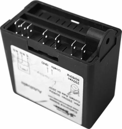 The Fiorenzato A1500082 220V Electronic Box for Ducale 2 Group Lever Electronic is a black rectangular module with multiple metal prongs and a side diagram, designed for use in electrical control systems. © 2025 1st-line.com
