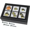 The Fiorenzato A1500091 Touchpad - Accademia is a black rectangular panel with six square buttons featuring coffee cup and clock icons, shown with four screws in front. © 2025 1st-line.com