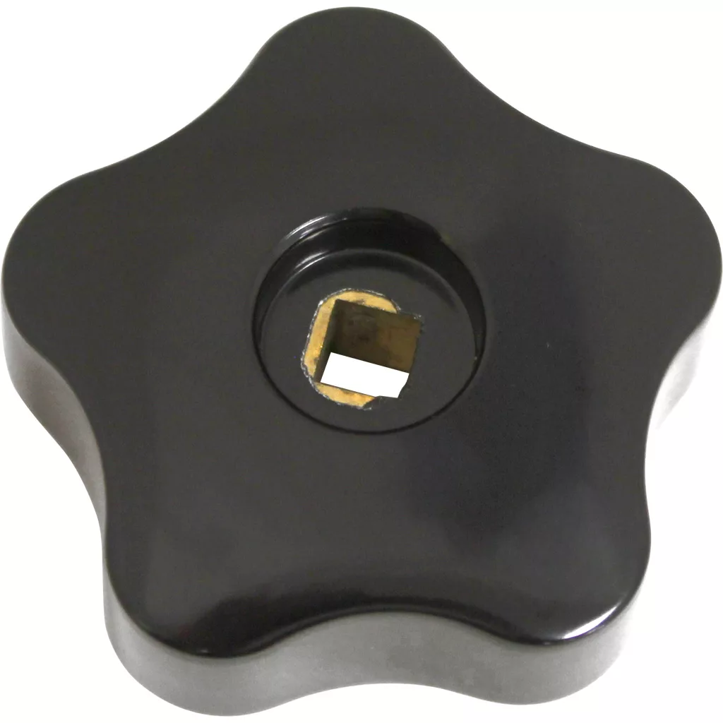 The Fiorenzato A1600044 Steam/Water Knob is a black, five-lobed plastic knob with a central square metal insert, designed for tightening or adjusting machinery or equipment. © 2025 1st-line.com
