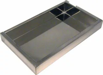The Fiorenzato A1800178 Water Collecting Drip Tray is a rectangular metallic tray with raised edges, designed for efficiently collecting and managing water. © 2025 1st-line.com