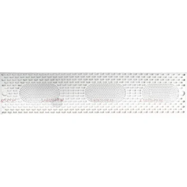 The Fiorenzato A1800267 Lower Drip Tray Grill - Accademia is a rectangular white perforated metal grill with three oval-shaped patterns of small holes and faint red LESCHIN text below each oval. © 2025 1st-line.com