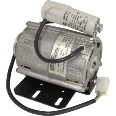 The Fiorenzato A1900013 Pump Motor - Accademia- 230V is silver, features a cylindrical capacitor on top, and is mounted on a black metal base with multiple wires ending in a white plastic connector. © 2025 1st-line.com