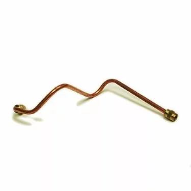 The Fiorenzato A2000123 Pipe for Flowmeter for Bricoletta/Volante, made of bent copper with threaded brass fittings at both ends and several angled bends, is shown against a plain white background. © 2025 1st-line.com