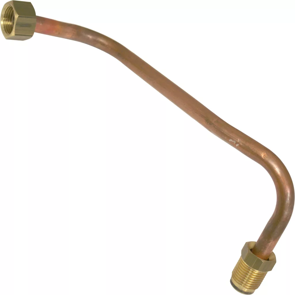 The Fiorenzato A2000160 copper pipe for right lower circulation for 2 Group Du, Mu, and RI is shown diagonally on a white background, featuring brass fittings with a hexagonal nut on one end and a threaded fitting on the other. © 2025 1st-line.com