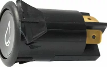 The Fiorenzato A2100041 Bipolar Black Push Button Switch is a black cylindrical rocker with a water droplet icon and metal terminals, typically used to control a vehicle’s windshield washer system. © 2025 1st-line.com