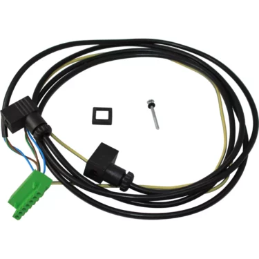 The Fiorenzato A2100221 Dosing Fan (Flowmeter) Wiring - Accademia includes a black cable with a green connector, two black connectors, a small square black plastic piece, and a screw arranged on a white background. © 2025 1st-line.com