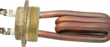 The Fiorenzato A2100308 Heating Element - 1400W, 230V - Columbina features a threaded base, two terminals, and a U-shaped copper coil for efficient and reliable heating performance. © 2025 1st-line.com