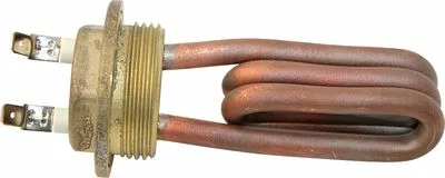 The Fiorenzato A2100308 Heating Element - 1400W, 230V - Columbina features a threaded base, two terminals, and a U-shaped copper coil for efficient and reliable heating performance. © 2025 1st-line.com