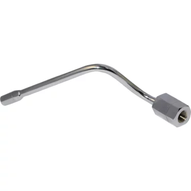 The Fiorenzato A2200015 Right Side Steam Wand for commercial espresso machines is chrome-plated, bent metal with a hexagonal nut on one end and a nozzle on the other—ideal for precise steam delivery. © 2025 1st-line.com