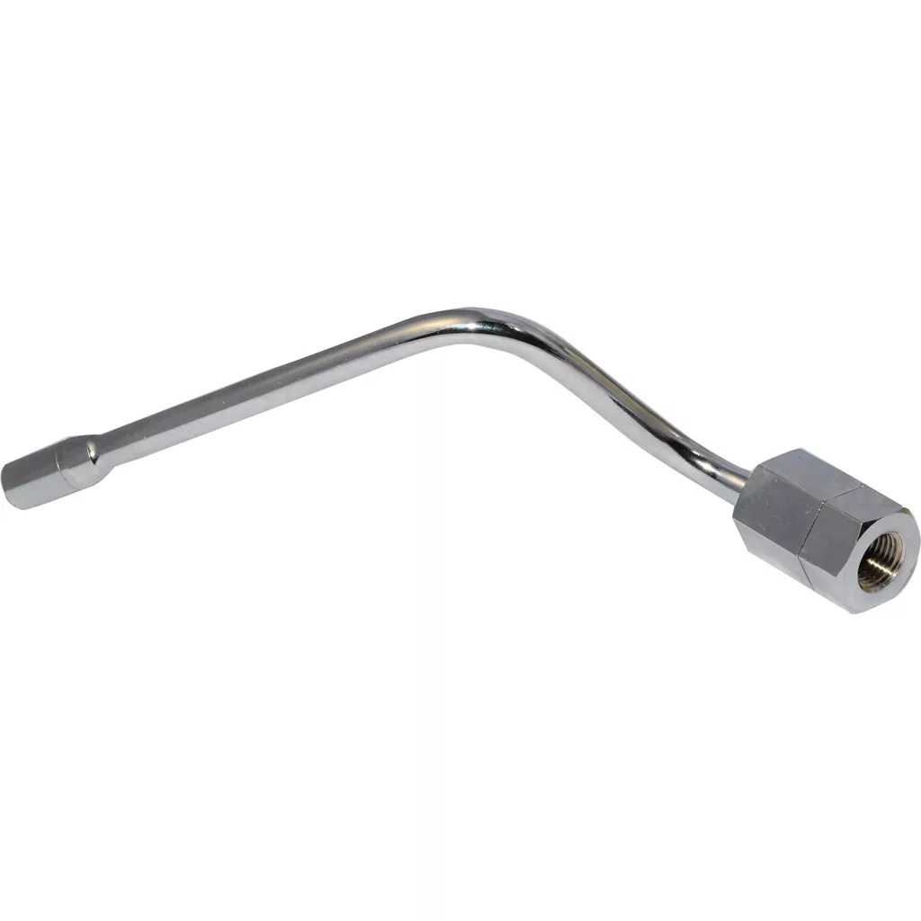 The Fiorenzato A2200015 Right Side Steam Wand for commercial espresso machines is chrome-plated, bent metal with a hexagonal nut on one end and a nozzle on the other—ideal for precise steam delivery. © 2025 1st-line.com