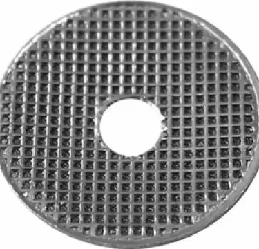 The Fiorenzato A2200049 Single Dose Pod Filter is a round metal disk with a grid pattern and central hole, resembling a mesh or screen, used in mechanical or filtration devices. © 2025 1st-line.com
