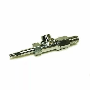 The Fiorenzato A2200080 Complete Steam Valve is a metallic valve with threaded connectors on both ends and a central protruding port, used to control the flow of steam in piping systems. © 2025 1st-line.com