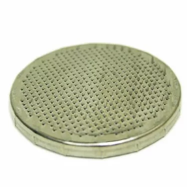 The Fiorenzato A2200241 Shower/Dispersion Screen is a round metal disk featuring a flat surface with evenly spaced raised bumps, resembling a textured plate. © 2025 1st-line.com