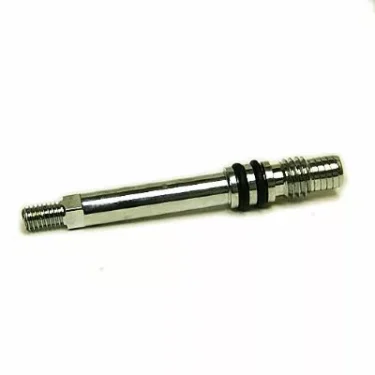 The Fiorenzato A2200290 Steam Valve Stem is a metal rod with threaded ends, two black rubber O-rings, and a smooth cylindrical body, typically used as a valve or connector in mechanical assemblies. © 2025 1st-line.com