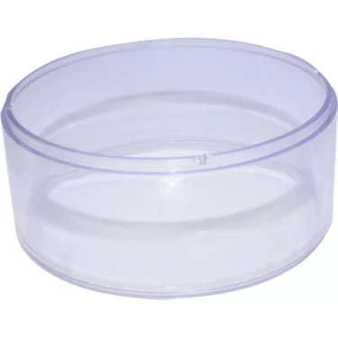 The Fiorenzato A3200009 Doge Doser Sight Glass, a clear, round plastic piece with smooth edges and a slightly raised lid, is shown against a white background. Both the lid and base are transparent. © 2025 1st-line.com