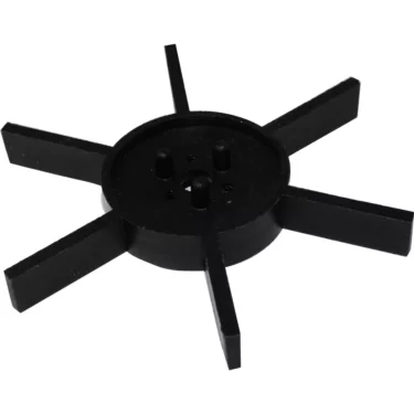 The Fiorenzato A3200014 Doge Lower Star is a black, circular plastic part with six evenly spaced flat arms, resembling a spoked wheel or fan blade, shown here against a white background. © 2025 1st-line.com