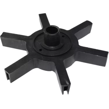 The Fiorenzato A3200015 Doge Upper Star is a black rubber impeller with six flat, evenly spaced blades and a central cylindrical hub, designed for pumping or fluid movement in marine or industrial applications. © 2025 1st-line.com
