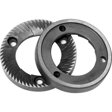 The Fiorenzato A3200063 63mm Flat Grinding Burrs (set of 2) feature sharp, angled teeth and three screw holes, making them ideal for efficient coffee bean grinding in compatible grinders. © 2025 1st-line.com