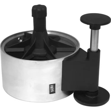 The Fiorenzato A3200137 Complete Doser Assembly is a silver and black device with a round metal body, vertical black handle, flat black base, and a resettable side counter showing 3975. © 2025 1st-line.com