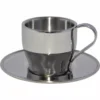 The Frabosk 911023 Stainless Steel Espresso Cups and Saucers set of 2 features polished, reflective cups with handles and matching saucers—ideal for serving espresso in style. © 2025 1st-line.com