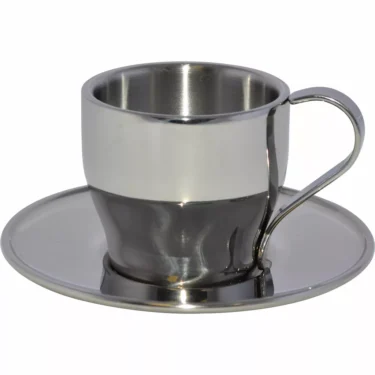 The Frabosk 911023 Stainless Steel Espresso Cups and Saucers set of 2 features polished, reflective cups with handles and matching saucers—ideal for serving espresso in style. © 2025 1st-line.com