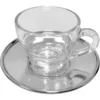 The Frabosk 911238 Glass Espresso Cup & Stainless Saucer set (2.5 fl oz, 1 piece) is shown on a white background, featuring a clear cup with handle resting on its matching stainless steel saucer. © 2025 1st-line.com