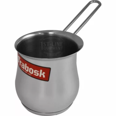 The Frabosk Turkish Coffee Pot - 6 cup, made of stainless steel with a long handle and a red label, is shown on a white background. © 2025 1st-line.com