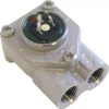 The Gicar ELETCONTVOLOT Flowmeter - 9.05.55.02G -VBM is a metal industrial electrical connector featuring two cylindrical ports, a three-pin socket on top secured by four screws, and a small red indicator beside the pins. © 2025 1st-line.com