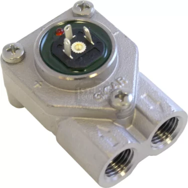 The Gicar ELETCONTVOLOT Flowmeter - 9.05.55.02G -VBM is a metal industrial electrical connector featuring two cylindrical ports, a three-pin socket on top secured by four screws, and a small red indicator beside the pins. © 2025 1st-line.com