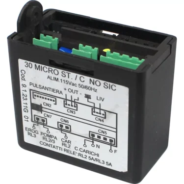 The Gicar ELETDOS30DOM1 Brain Unit - 9.1.23.11G 01 (115V) for the VBM Domobar Super HX is a black electronic control module with green connectors and a front wiring diagram label showing input/output and specs. © 2025 1st-line.com
