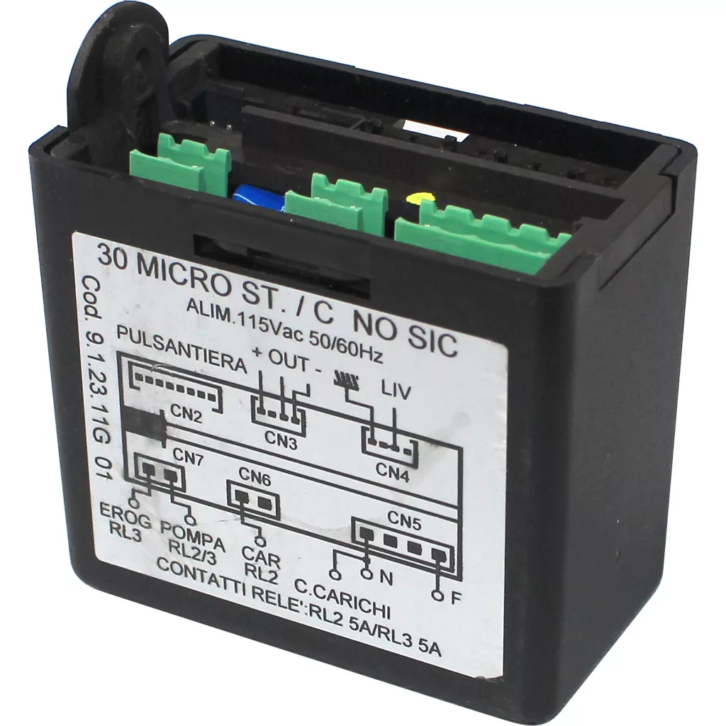 The Gicar ELETDOS30DOM1 Brain Unit - 9.1.23.11G 01 (115V) for the VBM Domobar Super HX is a black electronic control module with green connectors and a front wiring diagram label showing input/output and specs. © 2025 1st-line.com