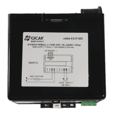 The Gicar ELETDOSPIDDS12015 Brain Unit (9.9.37.40G), for VBM DB V4 2015, features a white label with a wiring diagram, 115V AC specs, connectors, and product codes. © 2025 1st-line.com