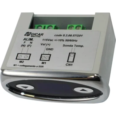 The Gicar ELETPULDISPID PID Display - 9.3.00.57G01, 115V - VBM DB is a rectangular electronic control unit with a PID display, two “M2” and “M1” front buttons, top terminal connectors, specs, and Gicar branding. © 2025 1st-line.com