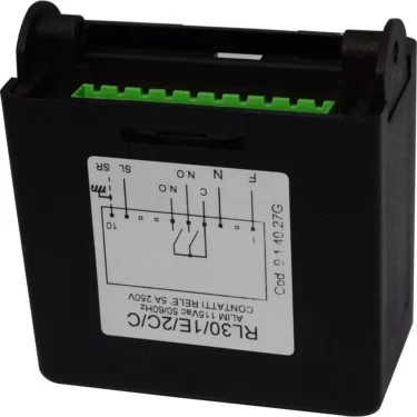 The Gicar ELETREGLIV115 Brain Unit - 9.1.40.27G, 115V for VBM Domobar Super features a black module with a green terminal block on top and a white label on the front displaying wiring diagrams and specifications. © 2025 1st-line.com