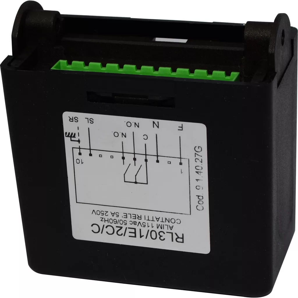 The Gicar ELETREGLIV115 Brain Unit - 9.1.40.27G, 115V for VBM Domobar Super features a black module with a green terminal block on top and a white label on the front displaying wiring diagrams and specifications. © 2025 1st-line.com