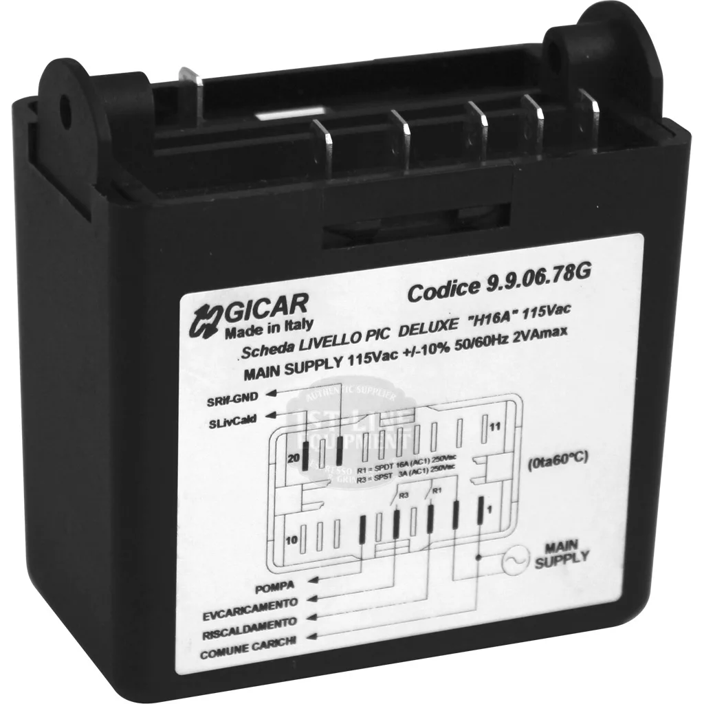 The Gicar ELETREGLIVDJ1 Brain Unit (9.9.06.78G, 110V, without 2-pin hole connector) features a black case with a labeled white wiring diagram and is designed for use in VBM Domobar Junior HX coffee machines or similar appliances. © 2025 1st-line.com
