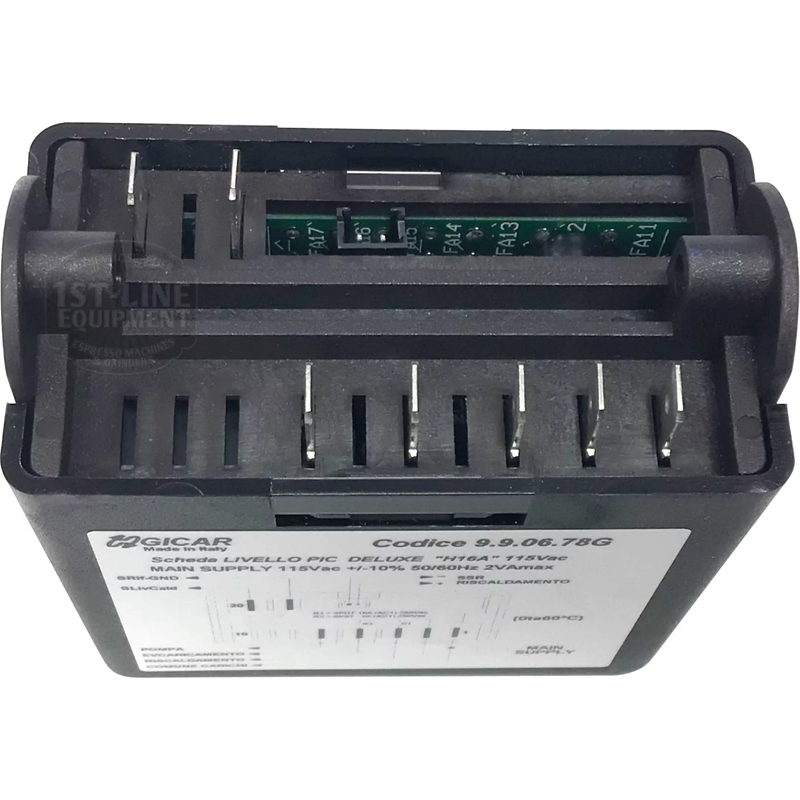 The Gicar ELETREGLIVDJ11 Brain Unit (9.9.06.78G, 110V) with a 2 pin hole connector is designed for the VBM Domobar Junior HX and features terminal slots plus a barcode on the side. © 2025 1st-line.com