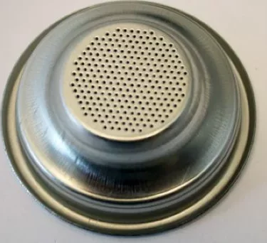 The Grimac 1-Cup Filter Basket/Cup with Rim 7g for Zola & MiniGrimac is a metal espresso machine filter basket designed to hold ground coffee. © 2025 1st-line.com