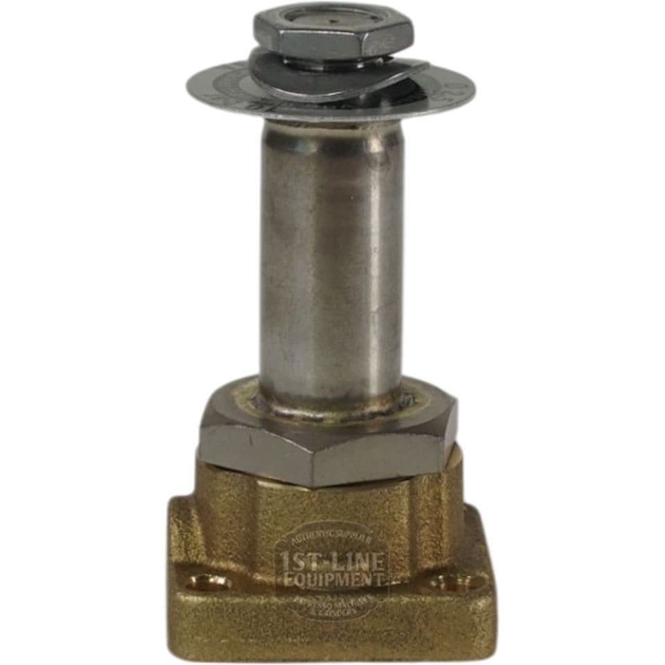 The Grimac MG007 Parker Solenoid Valve Body AutoFill Block features a metal housing with a vertical shaft, hex nut, and circular flange on top, mounted on a square bronze-colored base—ideal for Grimac espresso machines. © 2025 1st-line.com