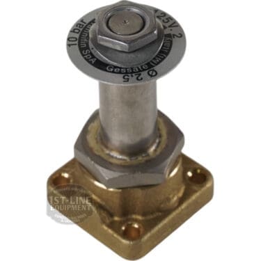 The Grimac MG007 Parker Solenoid Valve Body AutoFill Block is a brass and metal safety valve (10 bar, 125V-2) with a round top, square four-hole base, designed for AutoFill Block or Grimac Solenoid Valve systems. © 2025 1st-line.com