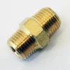 The Grimac Nipple 1/8th M x 1/8 M is a brass hex fitting with external threads on both ends for connecting two pipes or hoses, shown against a white background. © 2025 1st-line.com