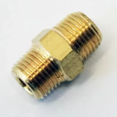 The Grimac Nipple 1/8th M x 1/8 M is a brass hex fitting with external threads on both ends for connecting two pipes or hoses, shown against a white background. © 2025 1st-line.com