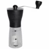 The Hario Mini Slim Hand Coffee Grinder (Plastic) features a black top, clear bottom with measurement markings and Hario branding, plus a metal crank handle for easy manual grinding. © 2025 1st-line.com